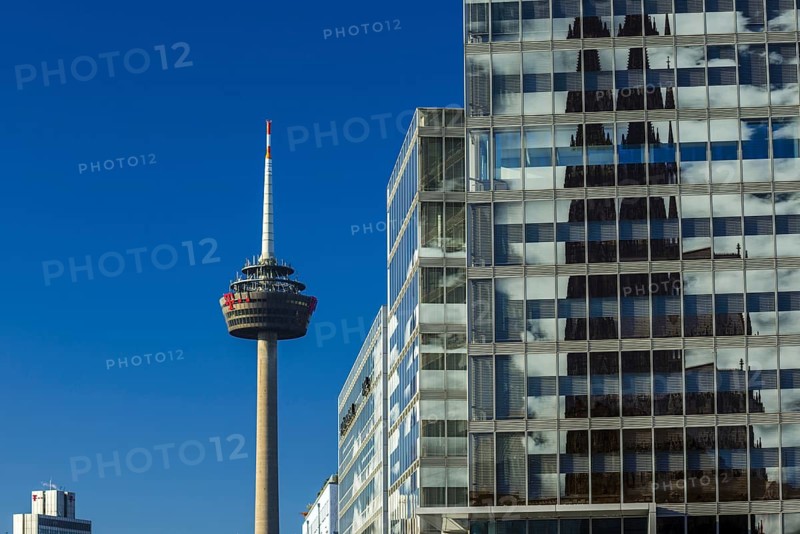 Office tower KoelnTurm, Mediapark, behind it the TV tower, Cologne, Rhineland, North Rhine-Westphalia, Germany, Europe