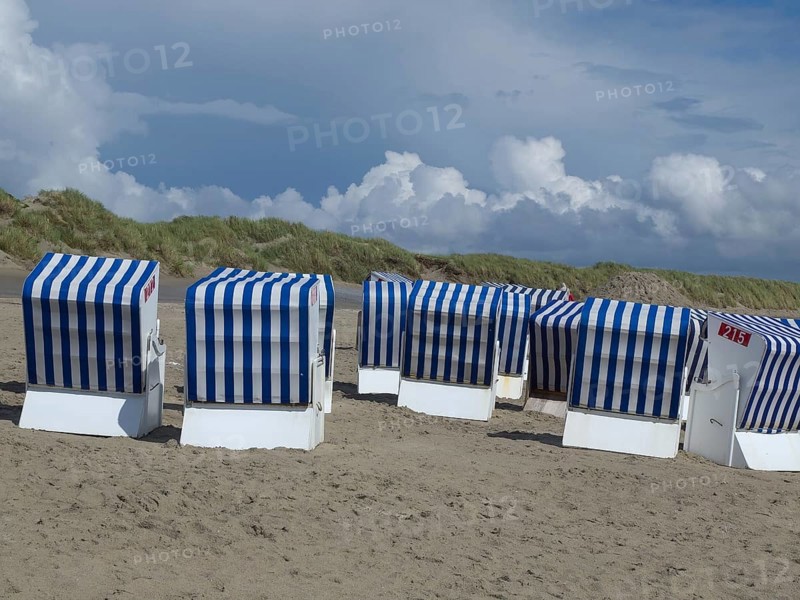 A group of blue and white beach chairs stands on the beach in front of grassy dunes and a cloudy sky, blue and white striped beach chairs on the seashore, Norderney, Germany, Europe