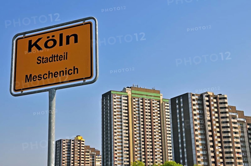 Residential tower blocks KoelnBerg, a social hotspot in the Meschenich district of Cologne, North Rhine-Westphalia, Germany, Europe