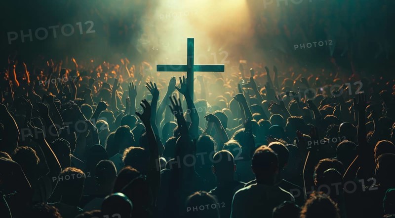 Large crowd of people praying to god and Jesus in front of the Cross, AI generated