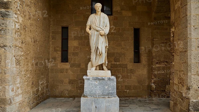 Statue of a historical figure in antique garb on a pedestal, statue from the 1st century BC, courtyard, Grand Master's Palace, Knights' Town, Rhodes Town, Rhodes, Dodecanese, Greek Islands, Greece, Europe