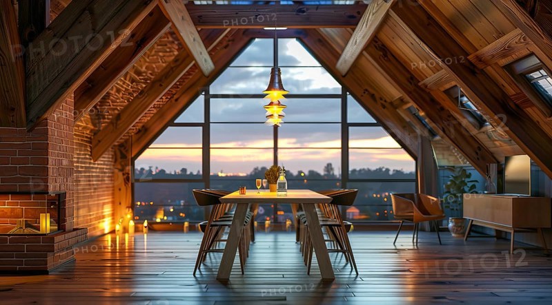 Luxury remodeled and renovated attic with rustic furniture and modern look in a private house, AI generated