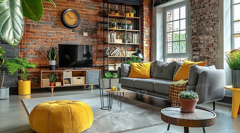 Modern living room in a condo or loft with modern trendy furniture a grey couch and yellow pillows, AI generated