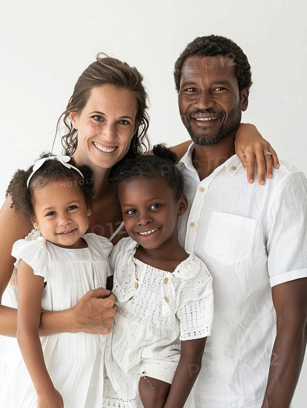 A cheerful multicultural family with two smiling children posing for a portrait, AI generated