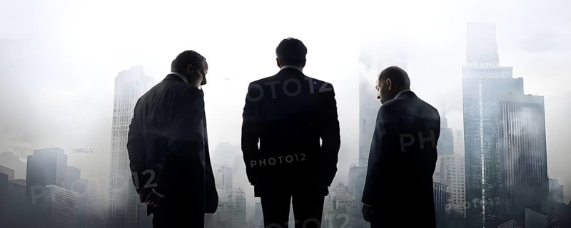 Silhouette of a group of businessman against a backdrop double exposure that reveals a destroyed cityscape, AI generated