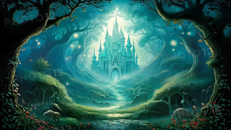 AI generated enchanted forest illustration intertwining trees aglow with magical light