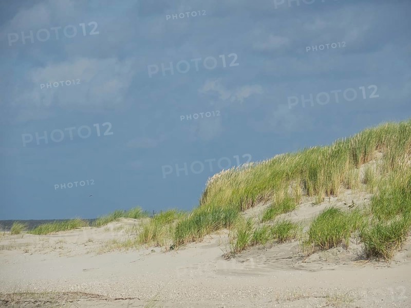 Sand dunes under a slightly cloudy sky, peaceful landscape, lonely beach with dune grass in the neighbouring dunes and marker posts, clouds playing in the sky, Spiekeroog, Germany, Europe