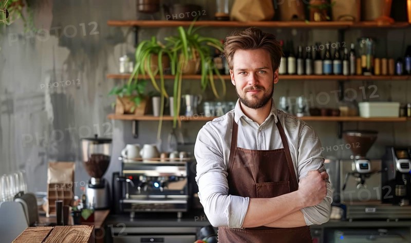 Small business owner stands in front of a counter with apron on and a smile on his face, AI generated
