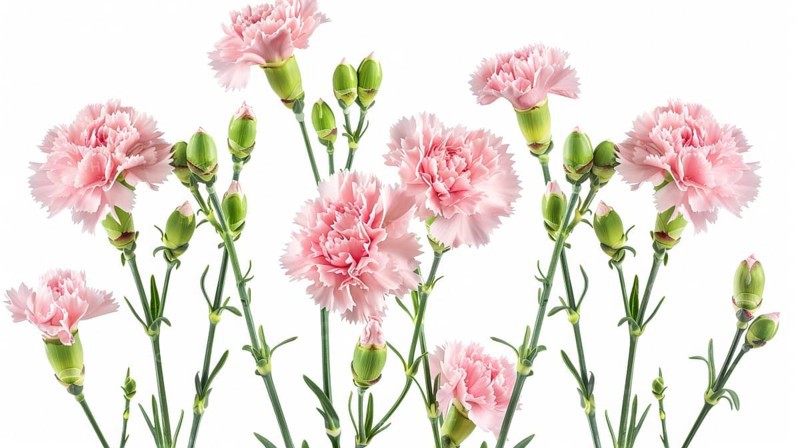 A lush bouquet of pink carnations, featuring several blooms and buds, against a white background, AI generated