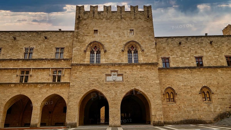 Super wide angle shot, view of the Tor tor and the facade of an old castle under a cloudy sky, sky replaced, courtyard, Grand Master's Palace, Knights' Town, Rhodes Town, Rhodes, Dodecanese, Greek Islands, Greece, Europe