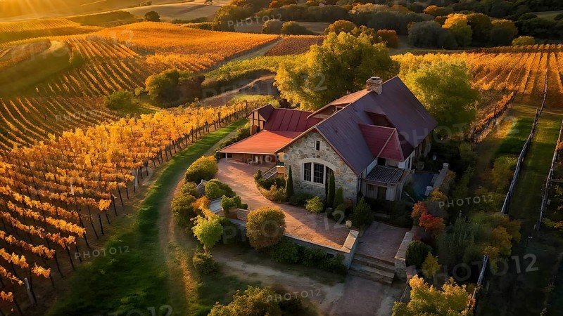 Aerial view of a rustic vineyard cottage nestled in a canopy of vines leaves showcasing autumns color palette in the golden hour, AI generated