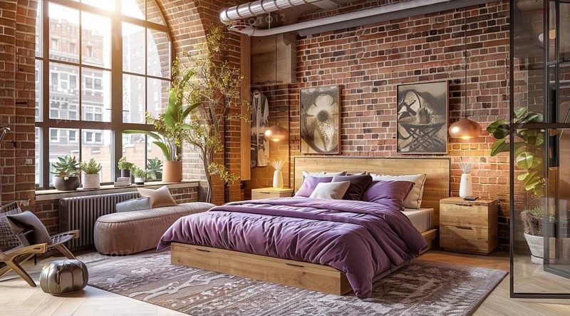 Modern bedroom in a condo or loft with modern trendy furniture. Large and bright space, AI generated