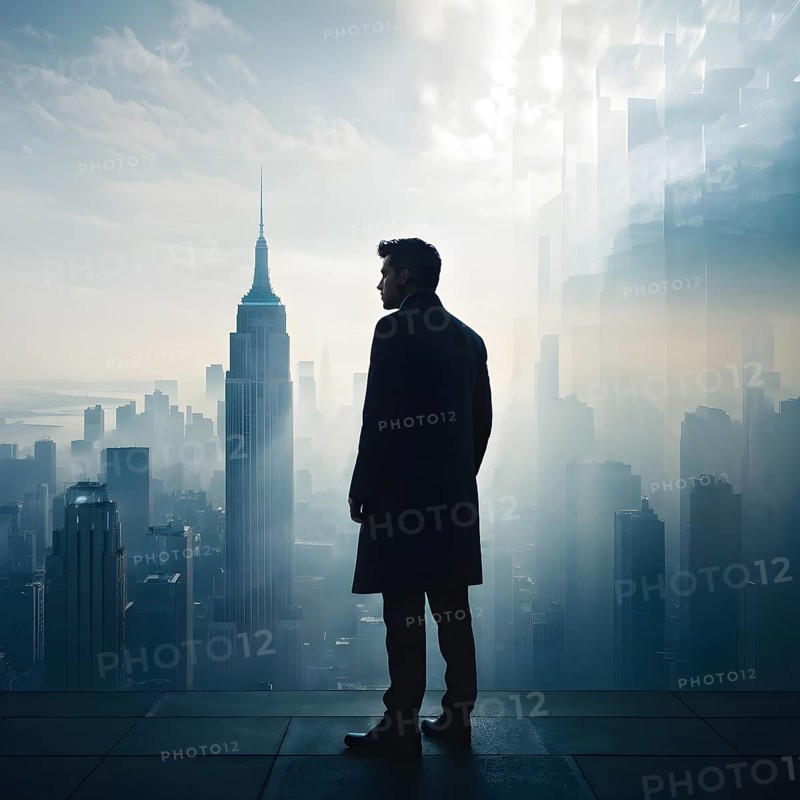 Silhouette of a businessman against a backdrop double exposure that reveals a destroyed cityscape, AI generated