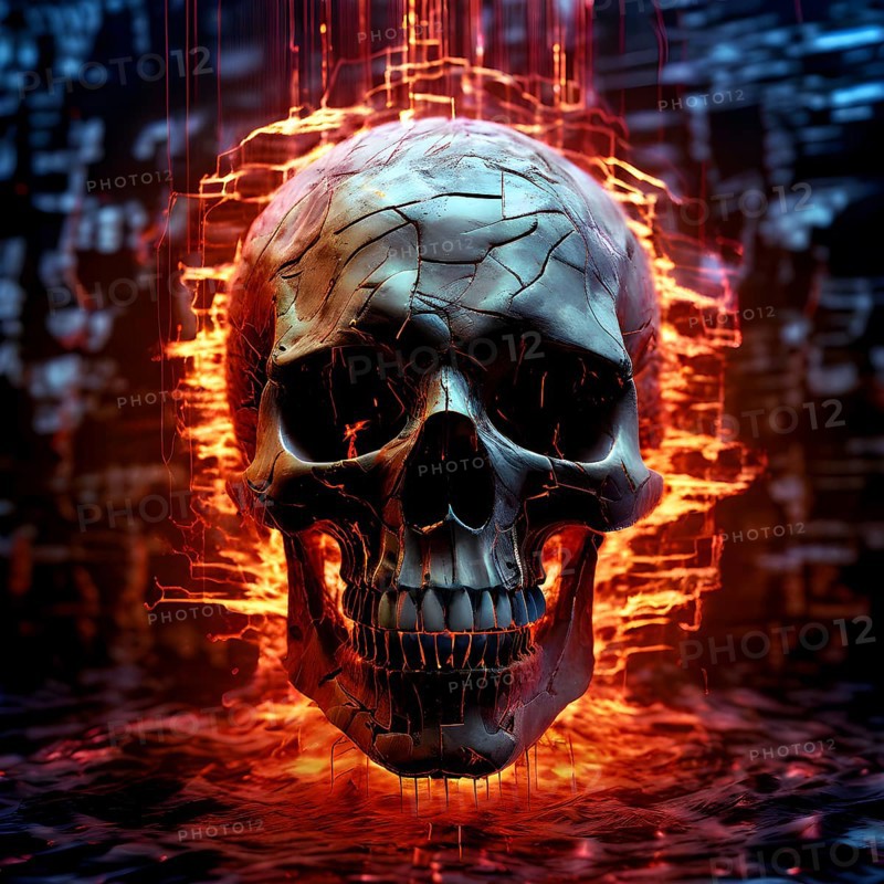 Broken skull with a cascade of binary digits forming a tidal wave stream, AI generated