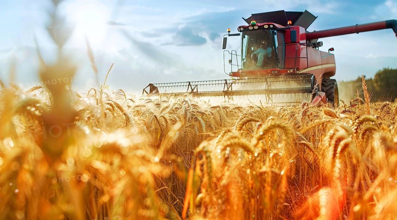 Combine harvester. collecting harvest of rye and wheat, Agriculture grain farming concept, AI generated