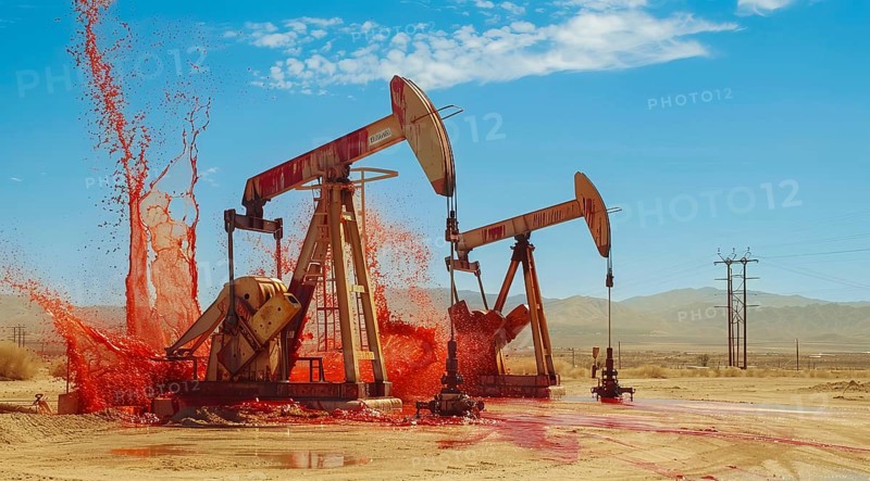 Oil rig pumping blood from the earth. Concept of earth resource exploitation and corporate greed, AI generated