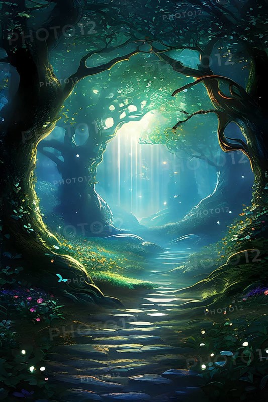 AI generated enchanted forest illustration intertwining trees aglow with magical light