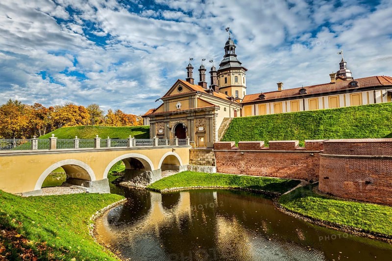 Belarusian tourist landmark attraction Nesvizh Castle, medieval castle in autumn. Nesvizh, Belarus, Europe