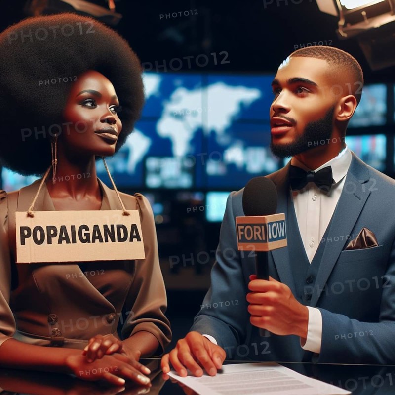 Two news anchors in a professional setting discussing propaganda, one wearing a sign around the neck in a modern news studio, ai generated, AI generated