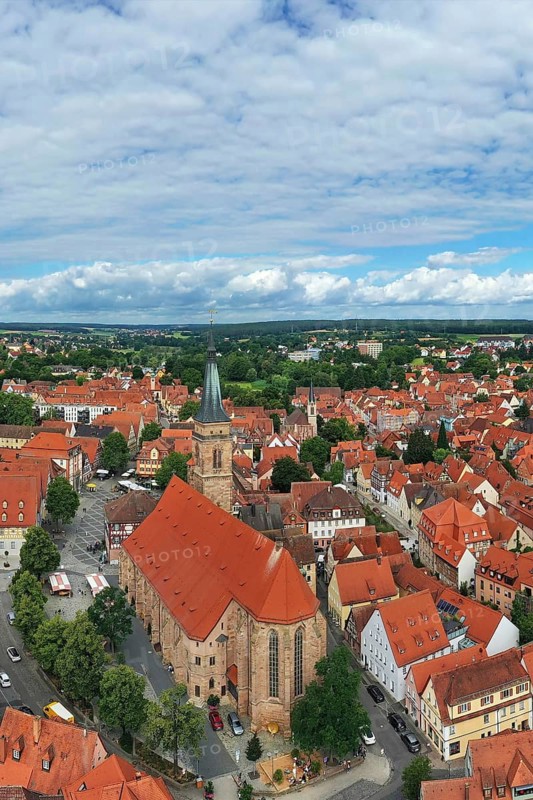 Aerial view of the historic old town of Schwabach with a view of the town church of St John and St Martin. Schwabach, Middle Franconia, Bavaria, Germany, Europe