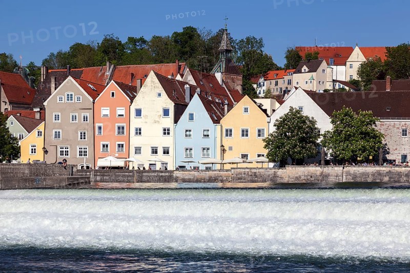 Historic old town centre of Landsberg am Lech, in front of the Lech weir, Upper Bavaria, Bavaria, Germany, Europe