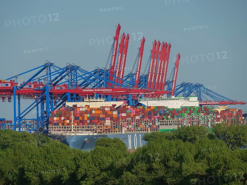 Large container harbour with astonishing amounts of stacked containers and cranes in the foreground, cranes and ships in a harbour, Hamburg, Germany, Europe
