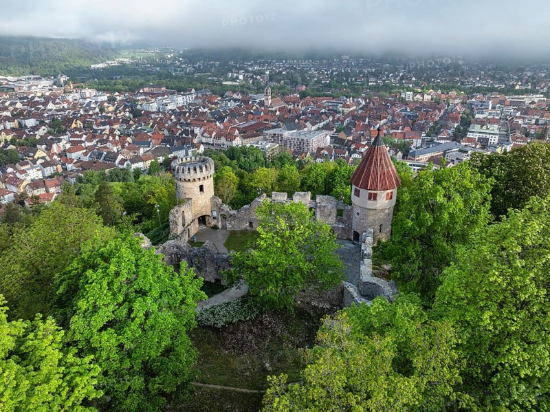 Aerial view of the Honburg castle ruins on the Honberg with the town of Tuttlingen, district of Tuttlingen, Black Forest, Baar, Heuberg, Baden-Wuerttemberg, Germany, Europe