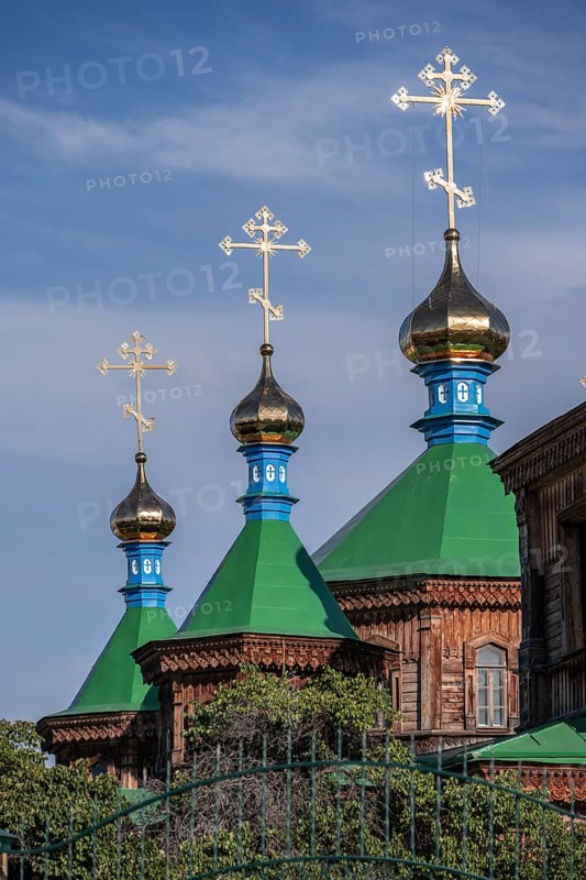 Russian Orthodox Church Cathedral of the Holy Trinity, wooden church with green spires, Karakol, Kyrgyzstan, Asia