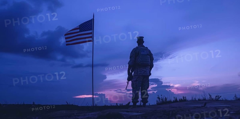 American patriot soldier stand in front of the flag. Concept of fighting for freedom and democracy, AI generated
