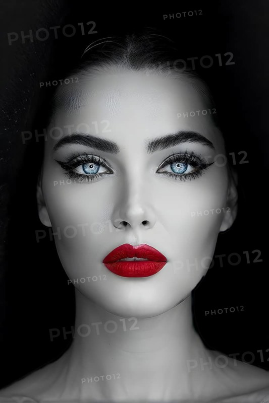 Monochromatic close up fashion portrait with blue eyes and red lips, AI generated