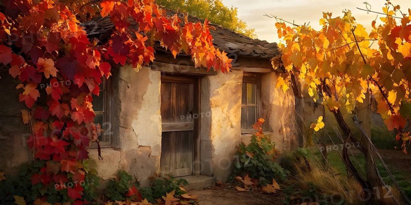 Close up of a rustic vineyard cottage nestled in a canopy of vines leaves showcasing autumns color palette in the golden hour, AI generated