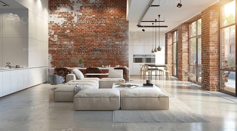 Modern living room in a condo or loft with modern trendy furniture, AI generated