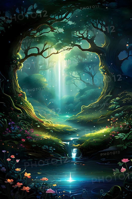 AI generated enchanted forest illustration intertwining trees aglow with magical light
