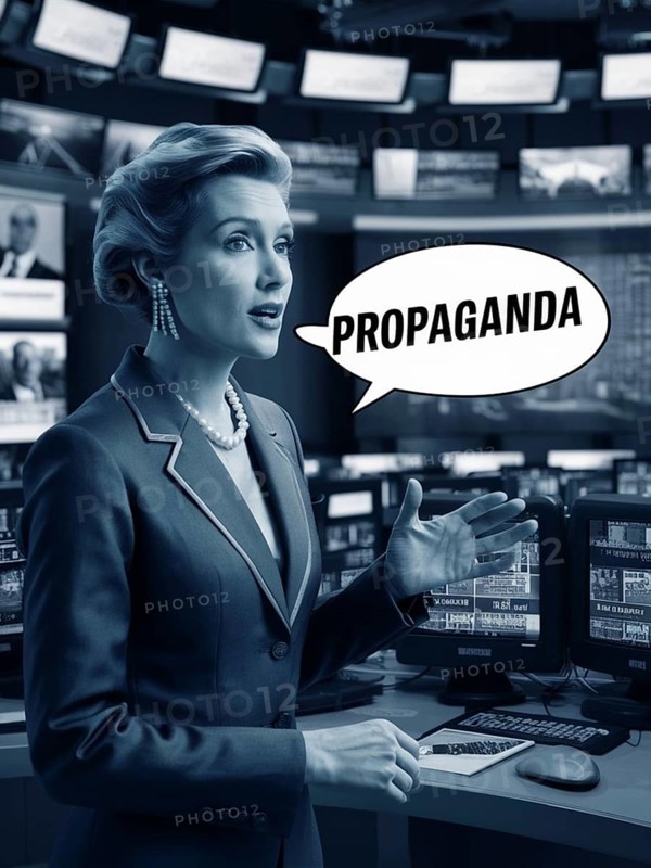 A news anchor in a suit speaks, with a speech bubble showing the word 'PROPAGANDA', set in a newsroom environment, ai generated, AI generated