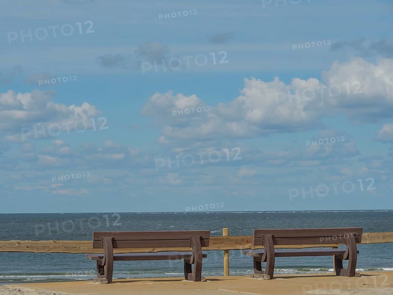 Two wooden benches overlooking the calm and wide sea under a cloudy sky, beach and dunes with grass and a bench by the sea, nes, ameland, the netherlands