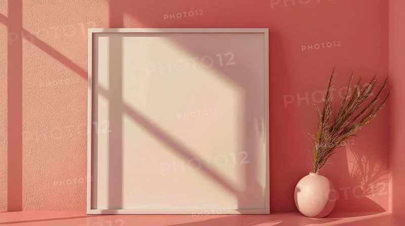 Minimalistic interior with an empty frame against a red wall, a white vase with plants, and sunlight casting shadows, AI generated