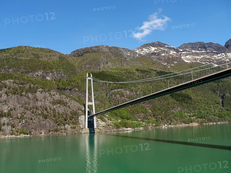 Massive bridge over a green lake, surrounded by forested and rocky mountains under a clear blue sky, bridge in a fjord with snow-capped mountains and green trees, greenish shimmering water, eidfjord, Norway, Europe