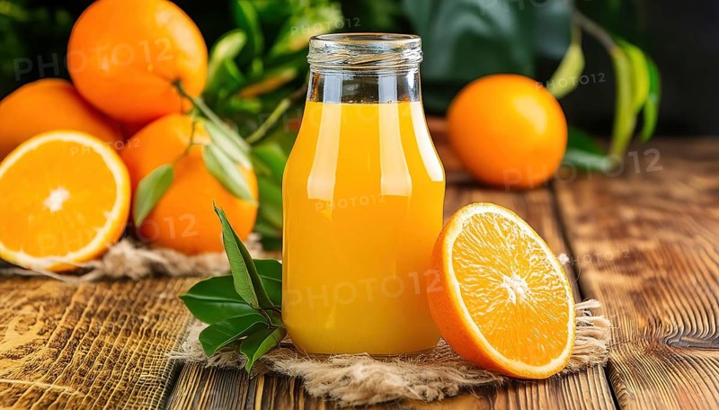 A small bottle of orange juice, half and whole orange on a rustic table, AI generated, AI generated