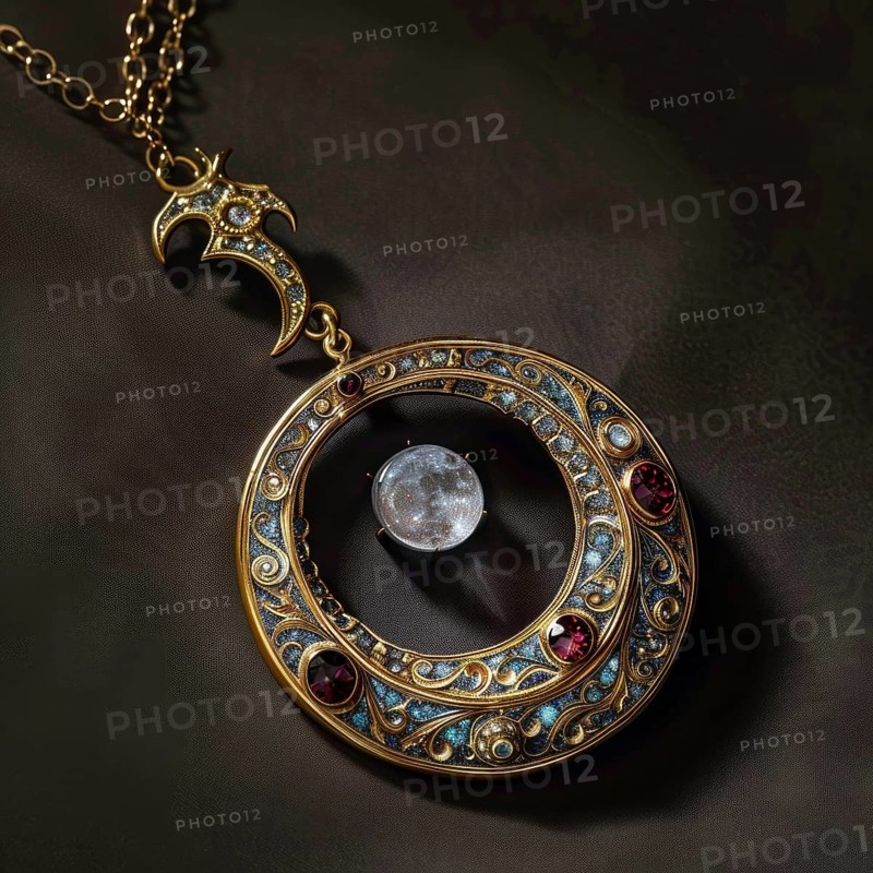 Pendant in the shape of the moon, decorated with moonstone AI generated
