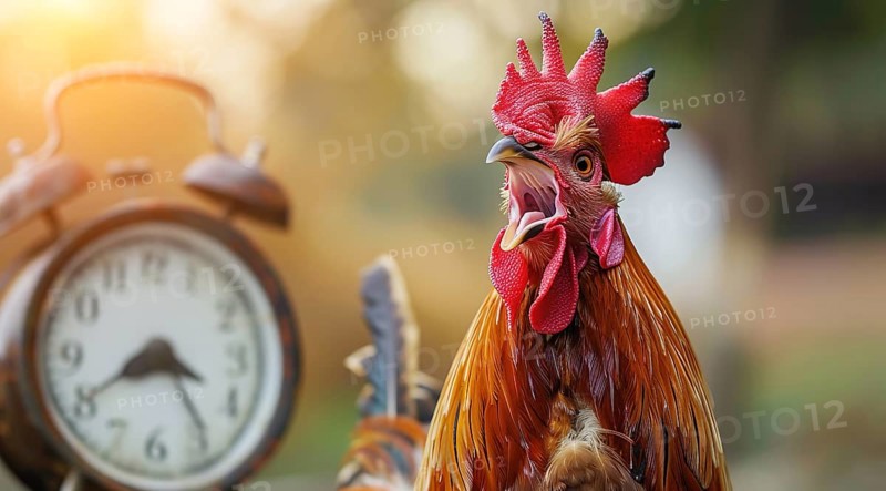 A rooster is standing in front of a clock with its beak open. Concept of a loud alarm clock, AI generated