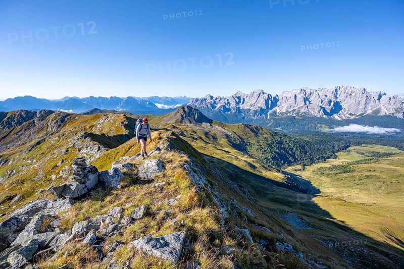 Mountaineer on a grassy ridge, mountain panorama, view of rocky mountain peaks of the Sesto Dolomites, Carnic Main Ridge, Carnic High Trail, Carnic Alps, Carinthia, Austria, Europe