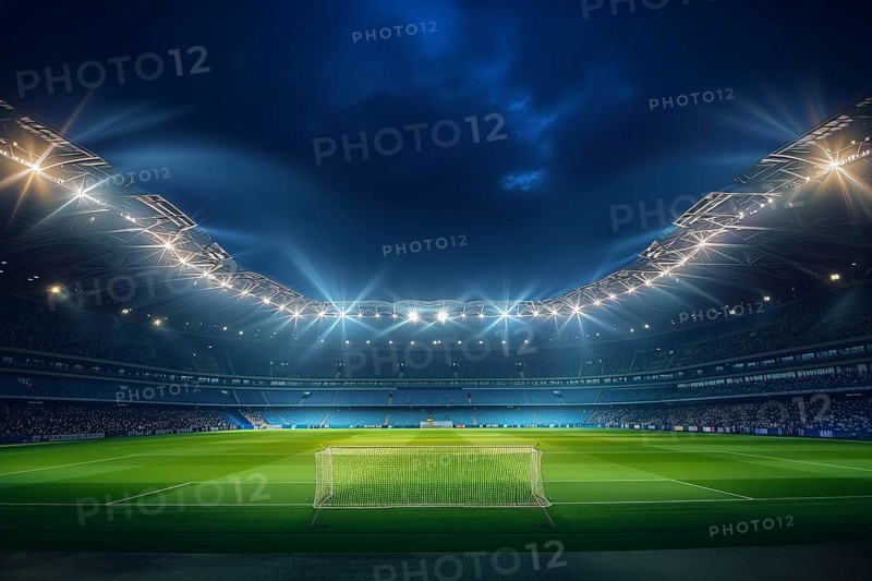 A soccer field with a large crowd of people spectators fans watching the game in evening. The stadium is lit up with bright flood spotlights ready for a match game, AI generated