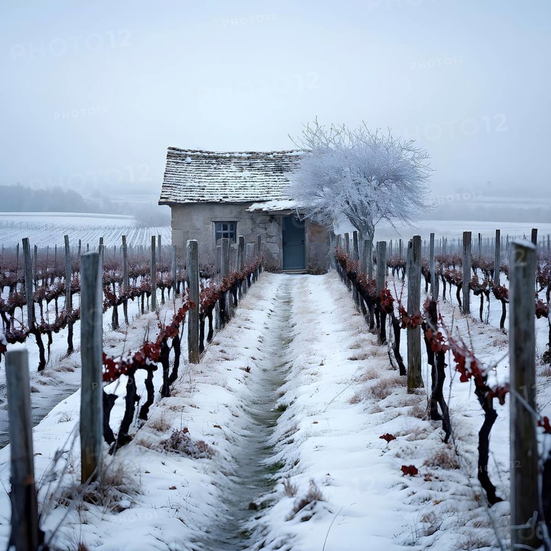 Rustic vineyard cottage in a winter vineyard landscape with snow, AI generated