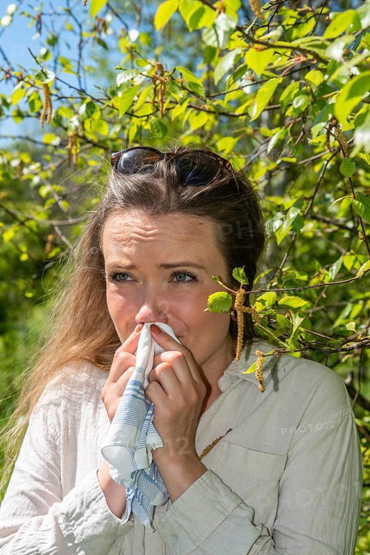 Young Caucasian woman, 35 years old, with allergy stands by flowering birch (Betula) in Ystad, Skane, Sweden, Scandinavia, Europe