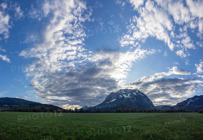 Cloudy mood over the Grimming, panoramic shot, near Irdning, Ennstal, Styria, Austria, Europe