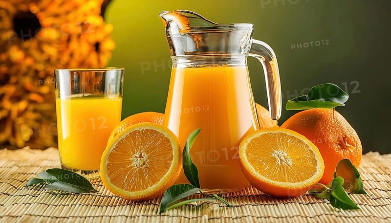 A jug and a glass of orange juice surrounded by fresh oranges and green leaves, AI generated, AI generated