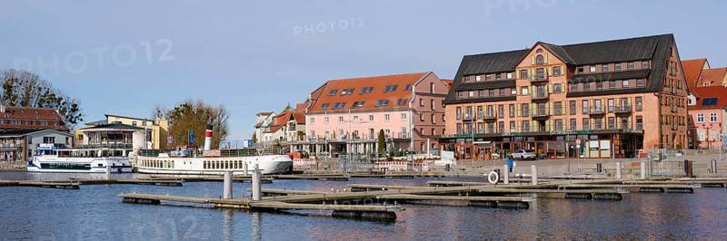 City panorama with city harbour at Lake Mueritz, Waren, Mueritz, Mecklenburg Lake District, Mecklenburg, Mecklenburg-Western Pomerania, Germany, Europe