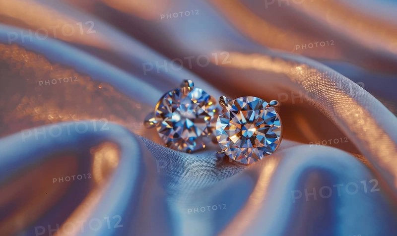 Pair of intricately crafted diamond stud earrings placed on a smooth satin material background AI generated