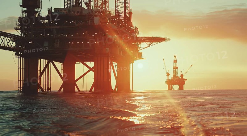 Offshore oil rig anchored platforms drilling for oil in ocean floor, AI generated