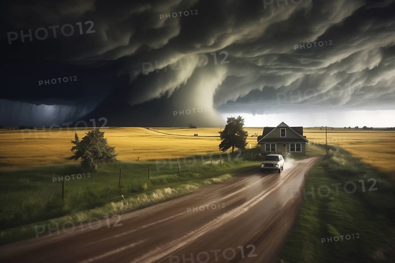 Disaster catastrophe storm concept, tornado in a field in the USA with wooden house and car on road under stormy dark sky, AI generated